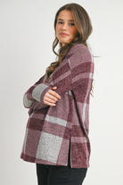 Burgundy Plaid Crewneck Long Sleeve Maternity Pullover Top Side View