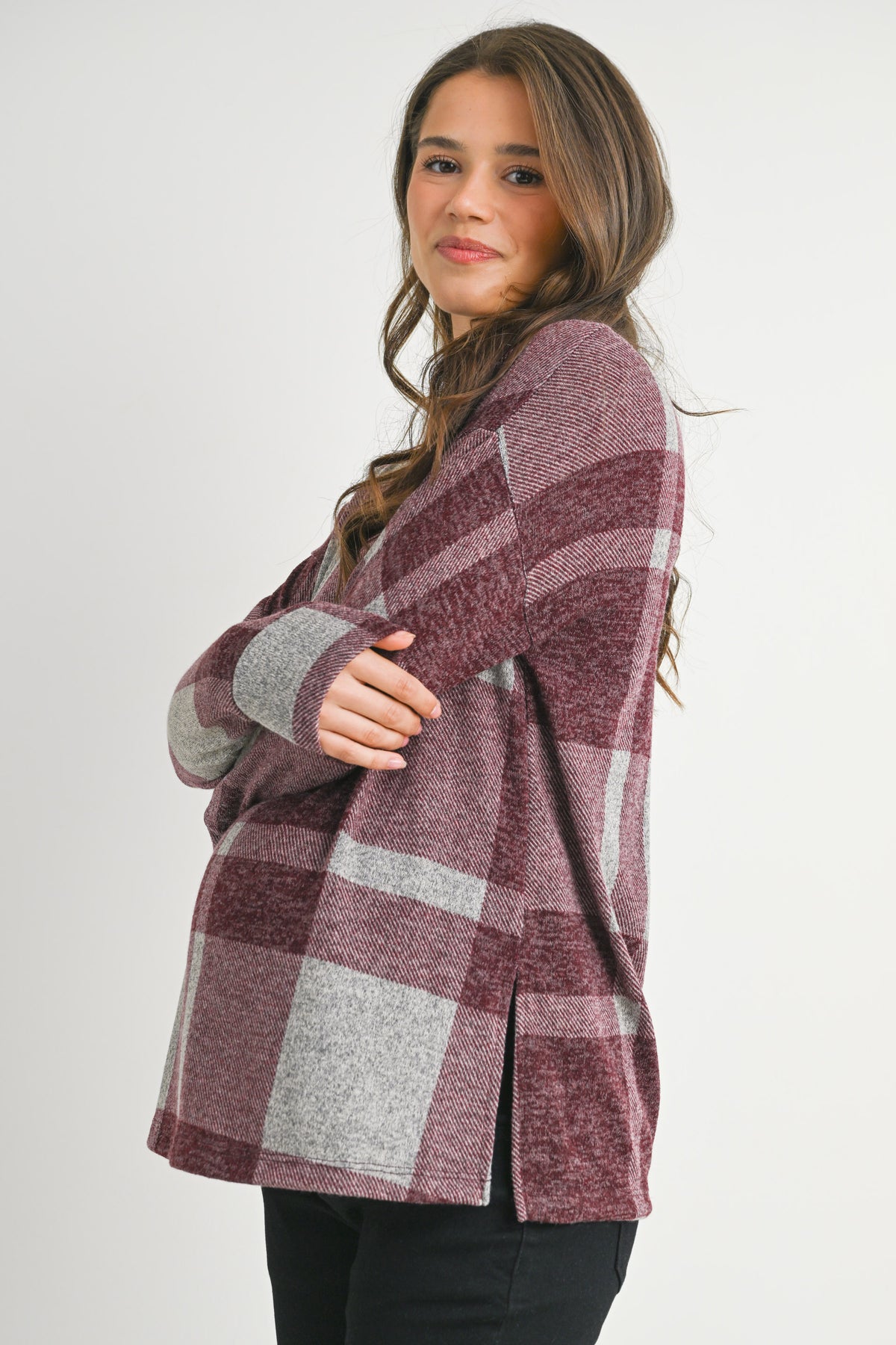 Burgundy Plaid Crewneck Long Sleeve Maternity Pullover Top Side View