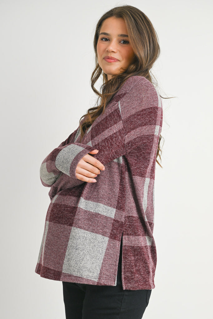 Burgundy Plaid Crewneck Long Sleeve Maternity Pullover Top Side View