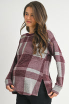 Burgundy Plaid Crewneck Long Sleeve Maternity Pullover Top Side View