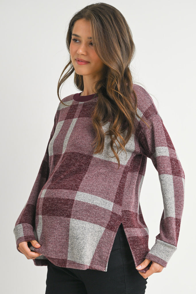 Burgundy Plaid Crewneck Long Sleeve Maternity Pullover Top Side View