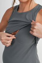 Olive Ribbed Sleeveless Maternity Nursing Tank Top with Lift-Up Panel Close Up