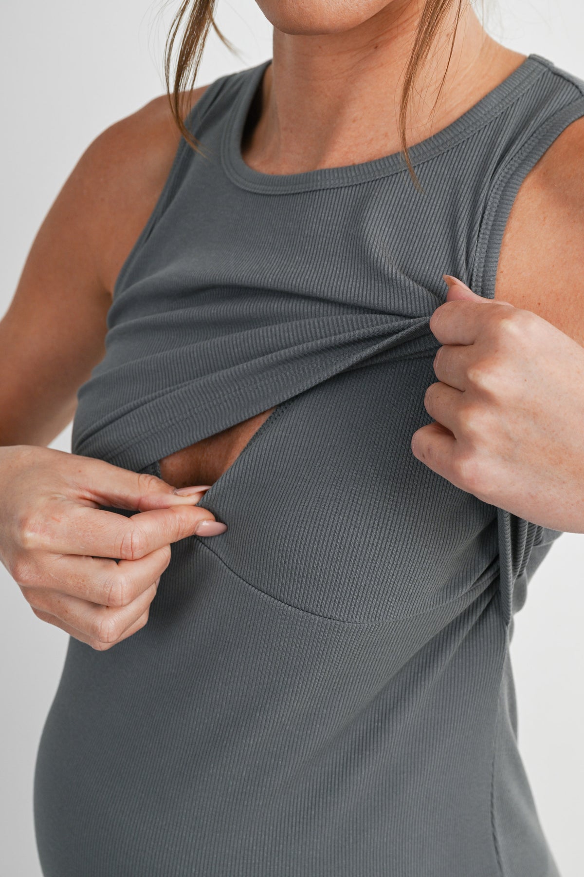 Olive Ribbed Sleeveless Maternity Nursing Tank Top with Lift-Up Panel Close Up