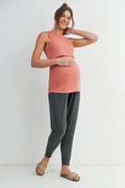 Coral Ribbed Sleeveless Maternity Nursing Tank Top with Lift-Up Panel Full Body