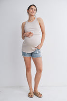 Beige Ribbed Sleeveless Maternity Nursing Tank Top with Lift-Up Panel Full Body