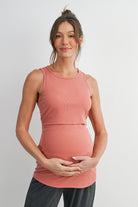 Coral Ribbed Sleeveless Maternity Nursing Tank Top with Lift-Up Panel Front View