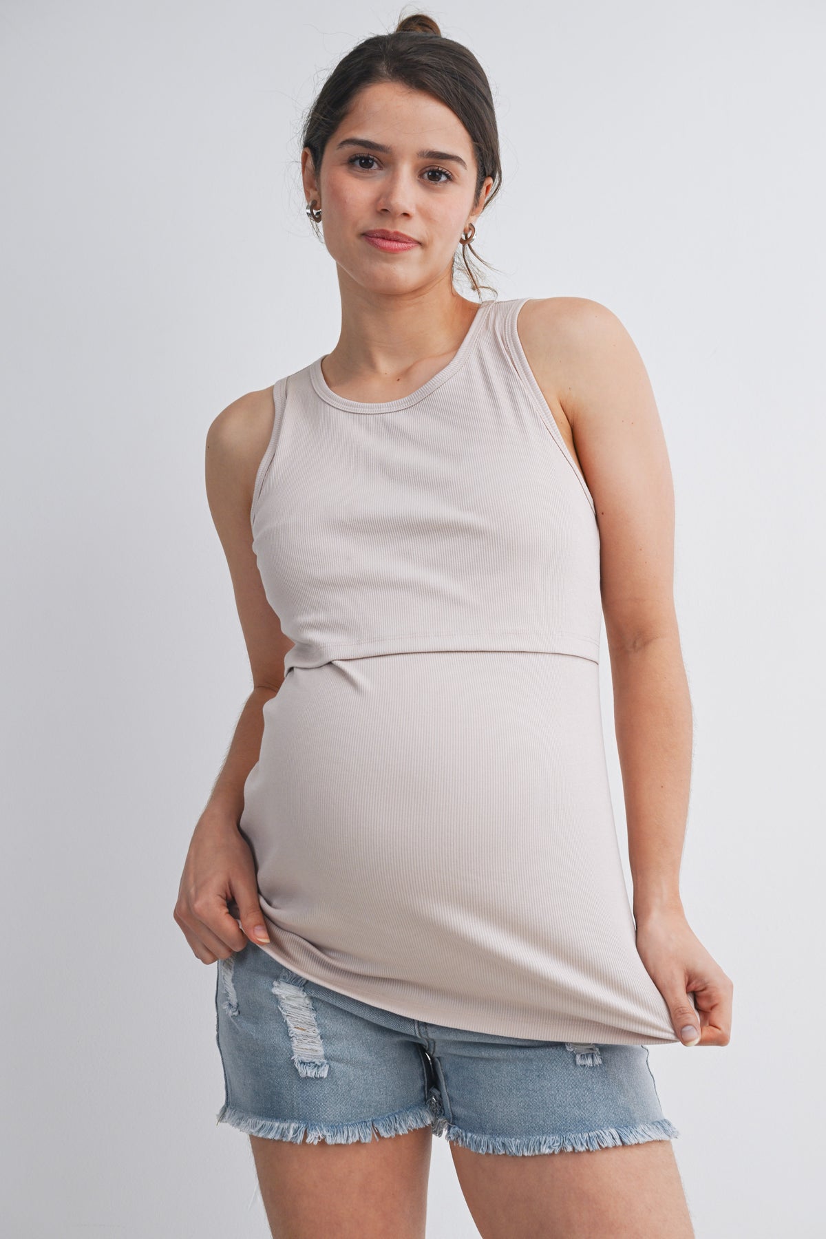 Beige Ribbed Sleeveless Maternity Nursing Tank Top with Lift-Up Panel Front View
