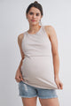 Beige Ribbed Sleeveless Maternity Nursing Tank Top with Lift-Up Panel Front View