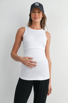White Ribbed Sleeveless Maternity Nursing Tank Top with Lift-Up Panel Front View