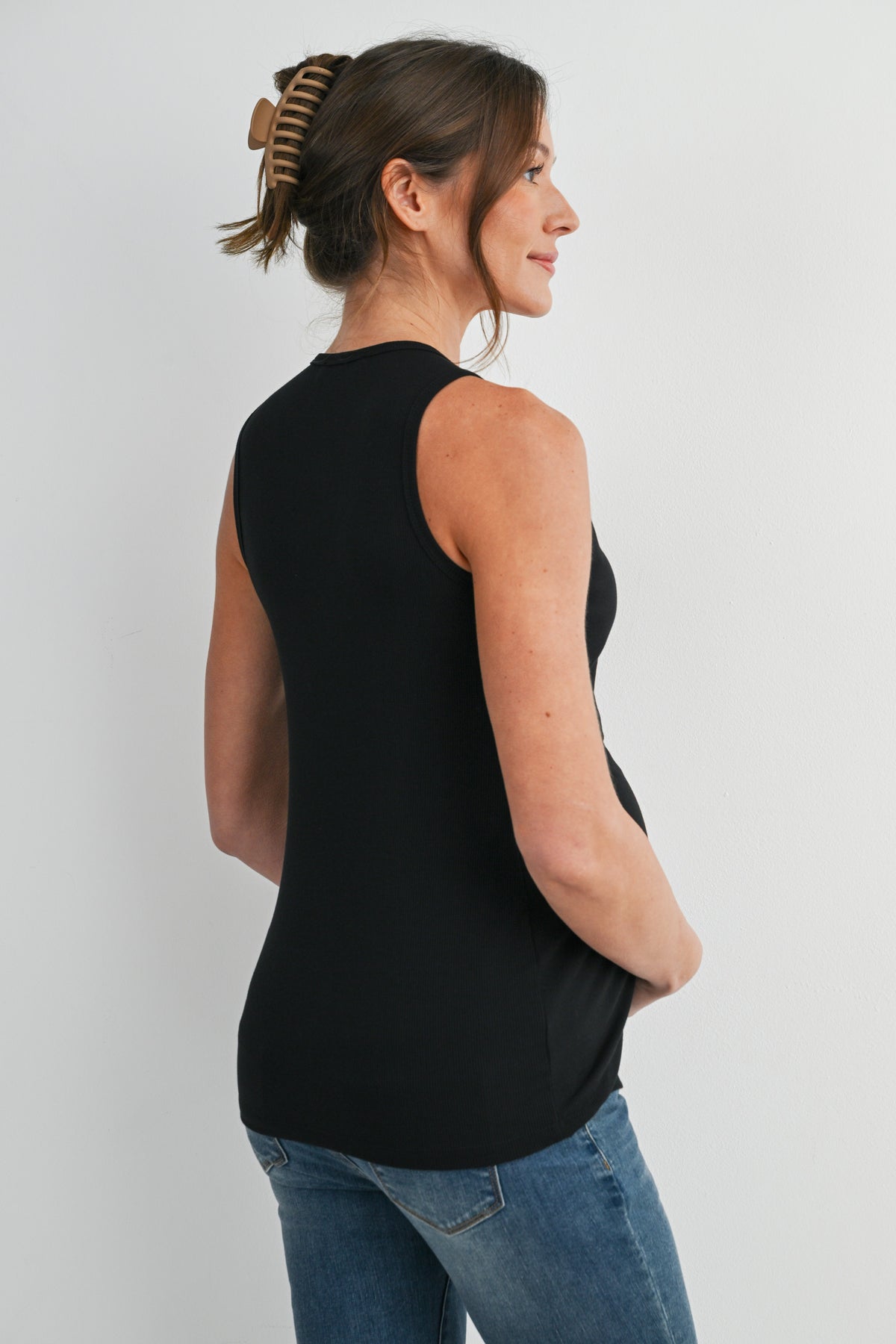 Black Ribbed Sleeveless Maternity Nursing Tank Top with Lift-Up Panel Back View