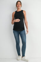 Black Ribbed Sleeveless Maternity Nursing Tank Top with Lift-Up Panel Full Body