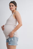 Beige Ribbed Sleeveless Maternity Nursing Tank Top with Lift-Up Panel Side View