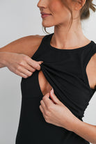 Black Ribbed Sleeveless Maternity Nursing Tank Top with Lift-Up Panel Close Up