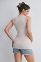 Beige Ribbed Sleeveless Maternity Nursing Tank Top with Lift-Up Panel Back View