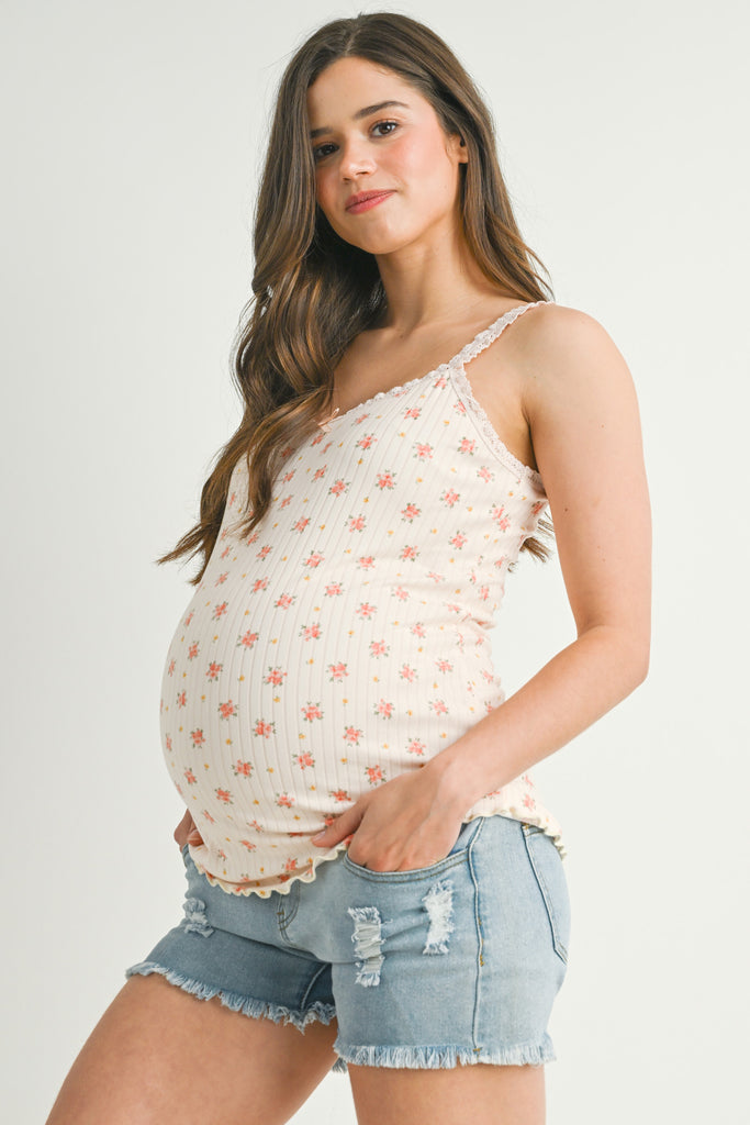 Blush Ditsy Ribbed Lace Trim Maternity Tank Top Side View