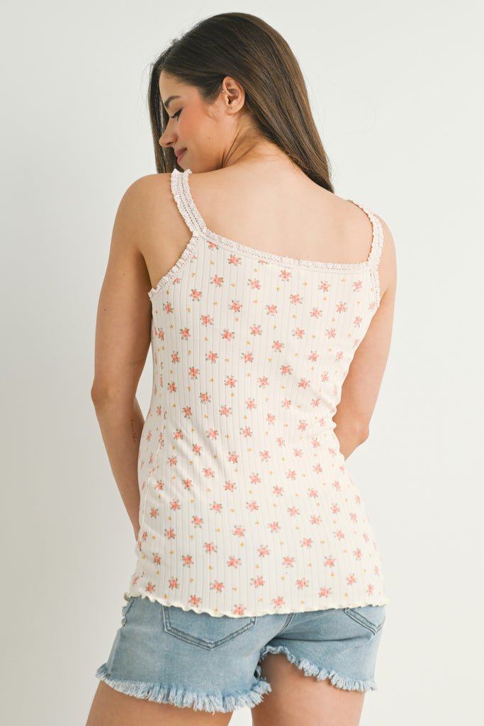Blush Ditsy Ribbed Lace Trim Maternity Tank Top Back View