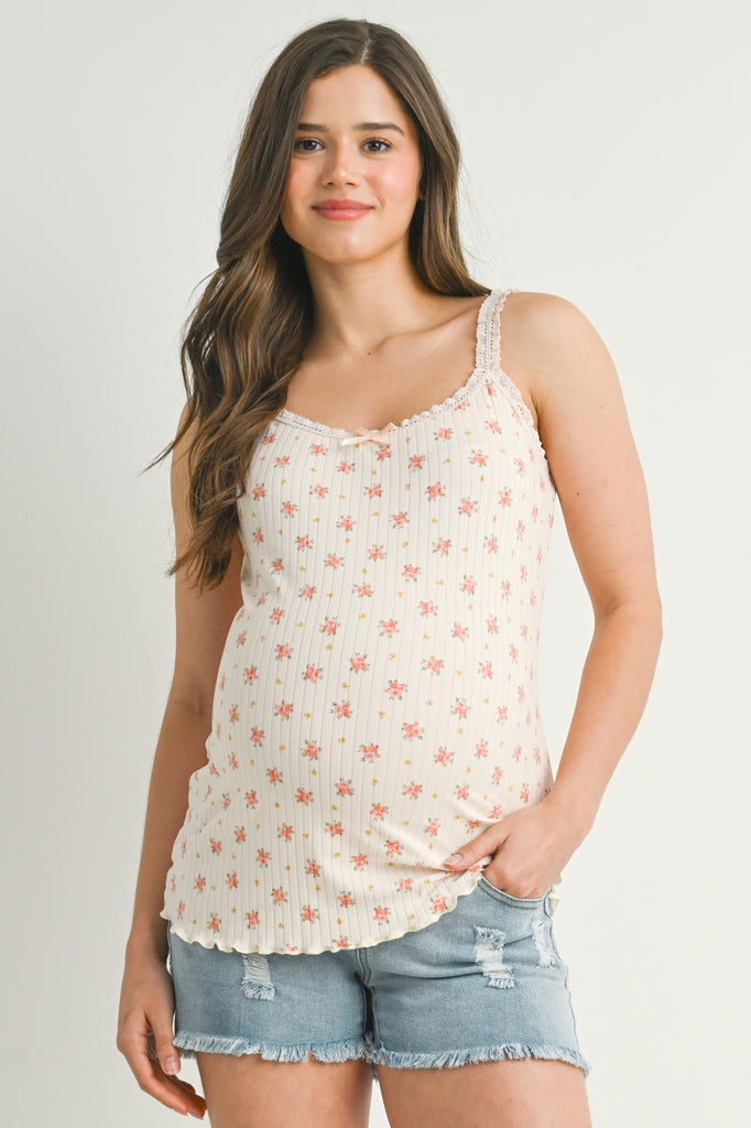Blush Ditsy Ribbed Lace Trim Maternity Tank Top Front View