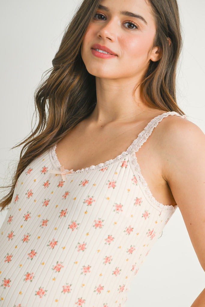 Blush Ditsy Ribbed Lace Trim Maternity Tank Top Detail Close Up