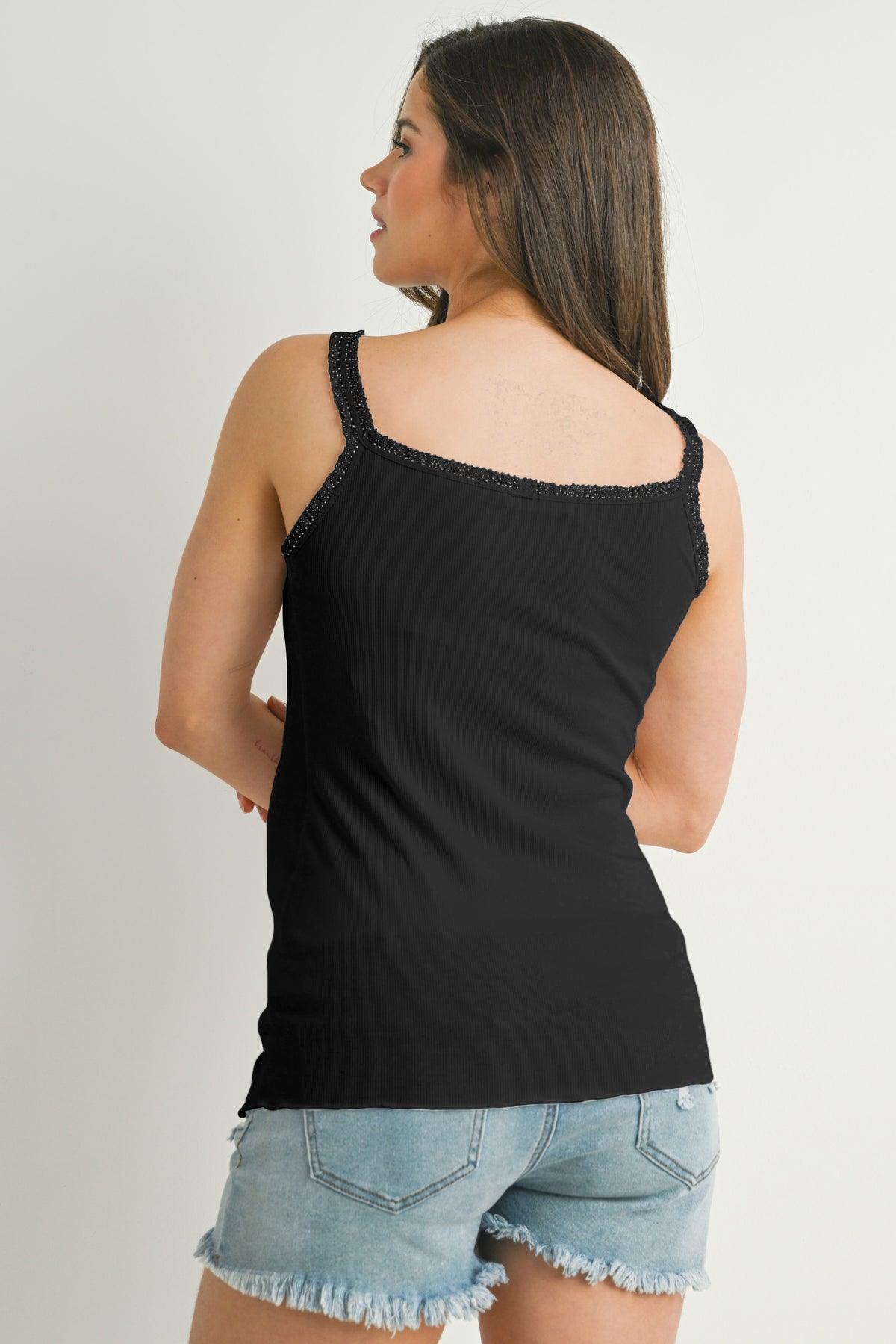 Black Ribbed Lace Trim Maternity Tank Top Back View