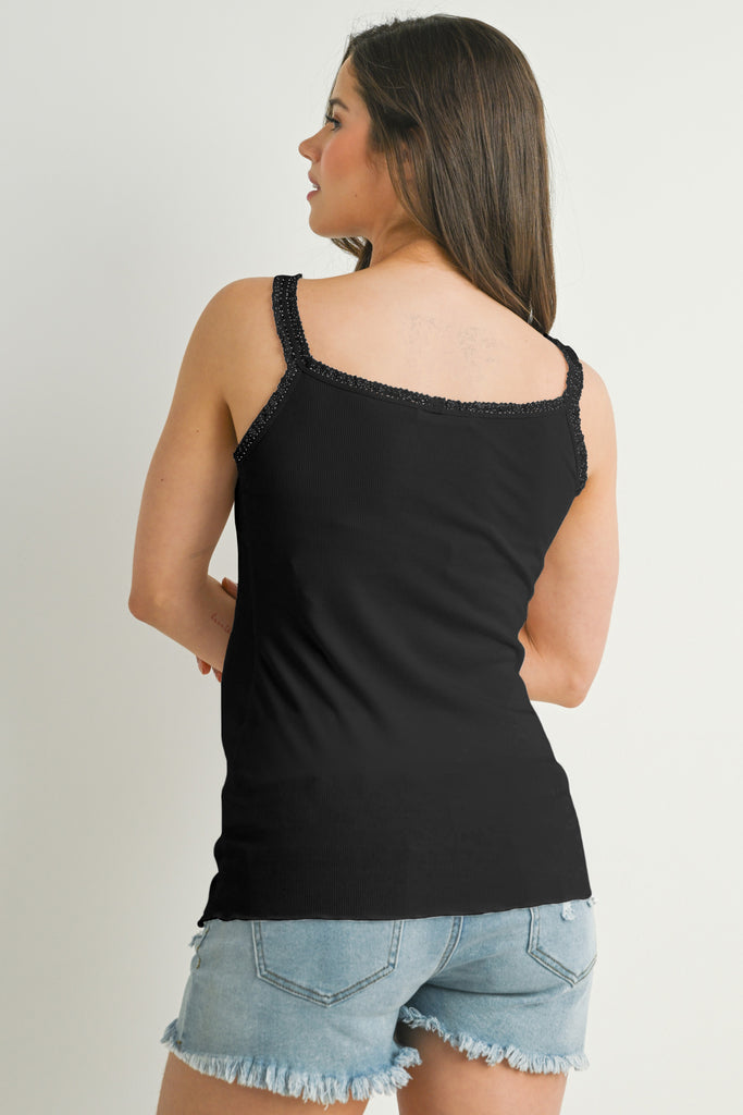Black Ribbed Lace Trim Maternity Tank Top Back View