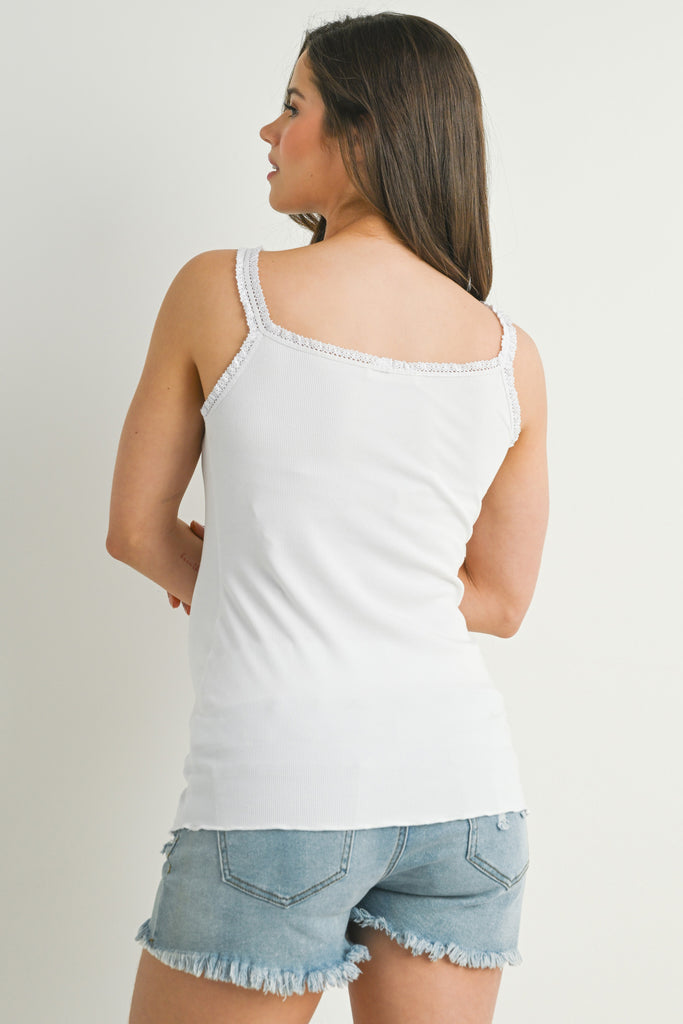 White Ribbed Lace Trim Maternity Tank Top Back View