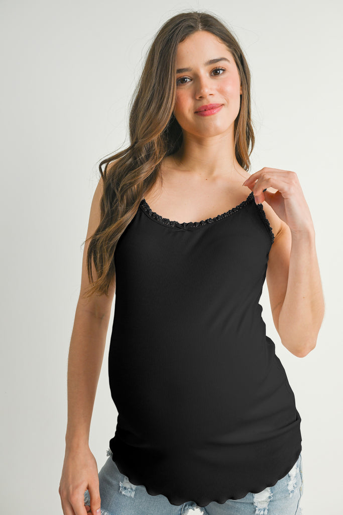 Black Ribbed Lace Trim Maternity Tank Top Front View