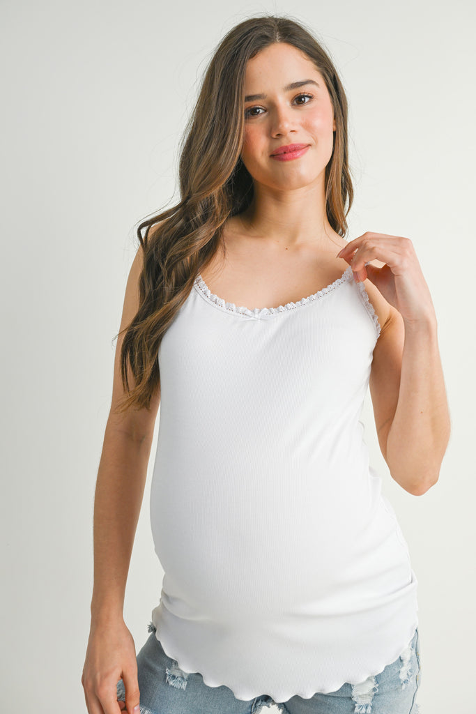 White Ribbed Lace Trim Maternity Tank Top Front View