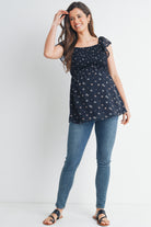 Dark Navy Smocked Floral Flutter Sleeve Maternity Top Full Body