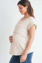 Oatmeal Double Layer Short Sleeve Maternity Nursing T Shirt Side View