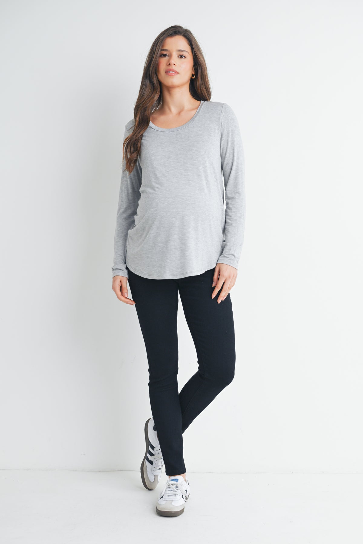 Heather Grey Long Sleeve Scoop Neck Maternity Top Nursing Friendly Full Body