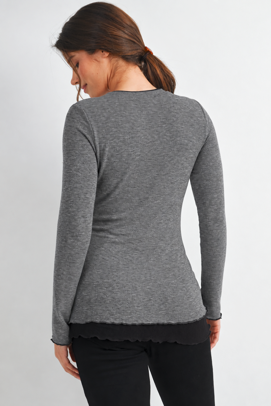 Charcoal/Black Ribbed Round Neck Long Sleeve Contrast Maternity Top Back View