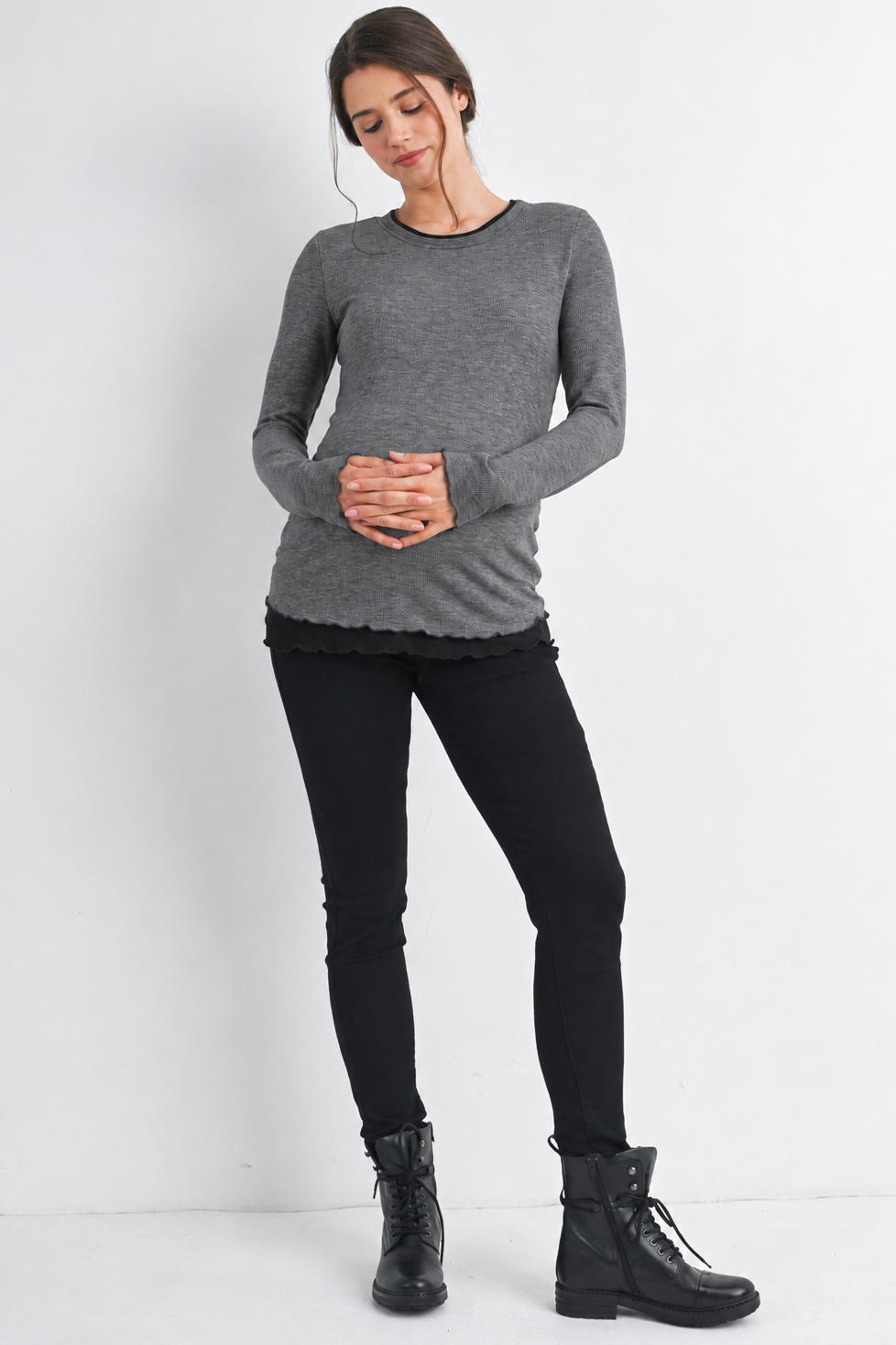 Charcoal/Black Ribbed Round Neck Long Sleeve Contrast Maternity Top Full Body