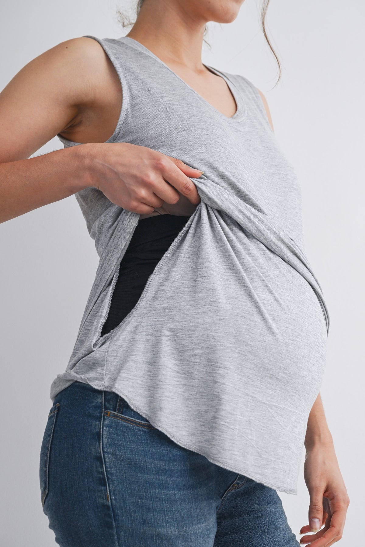 Heather Grey Casual Scoop Neck Discreet Side Access Maternity Nursing Tank Top Nursing Access Close Up