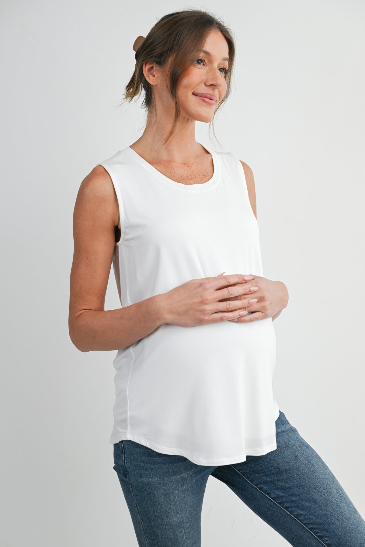 White Casual Scoop Neck Discreet Side Access Maternity Nursing Tank Top Side View