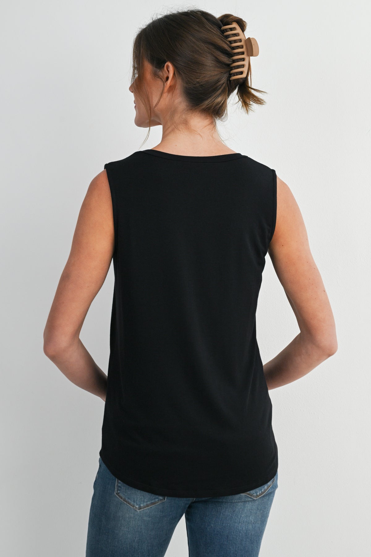 Black Casual Scoop Neck Discreet Side Access Maternity Nursing Tank Top Back View