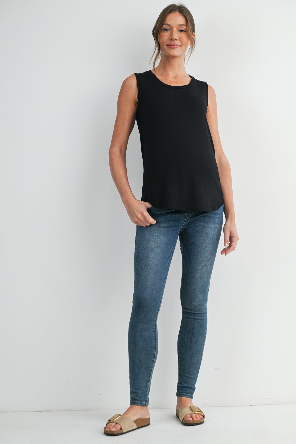 Black Casual Scoop Neck Discreet Side Access Maternity Nursing Tank Top Full Body