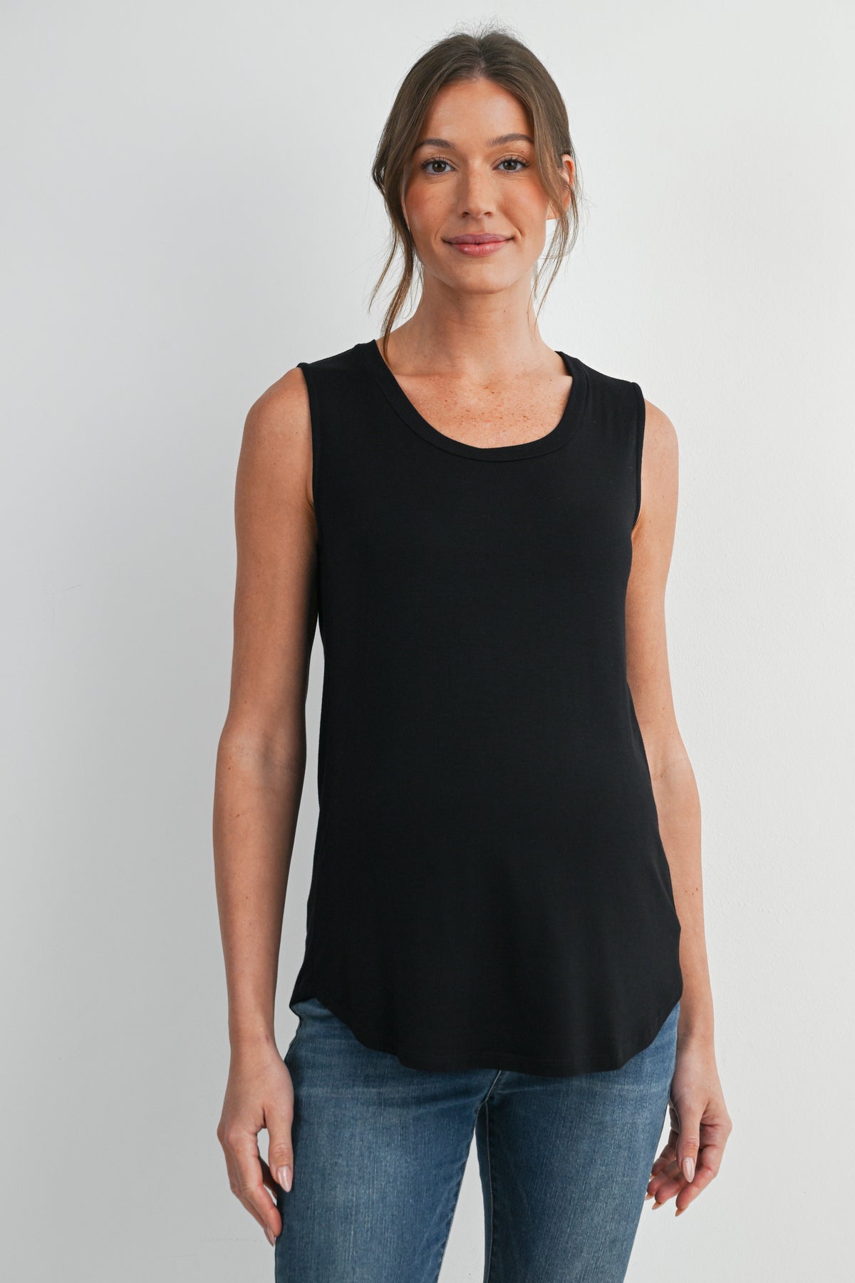 Black Casual Scoop Neck Discreet Side Access Maternity Nursing Tank Top Front View