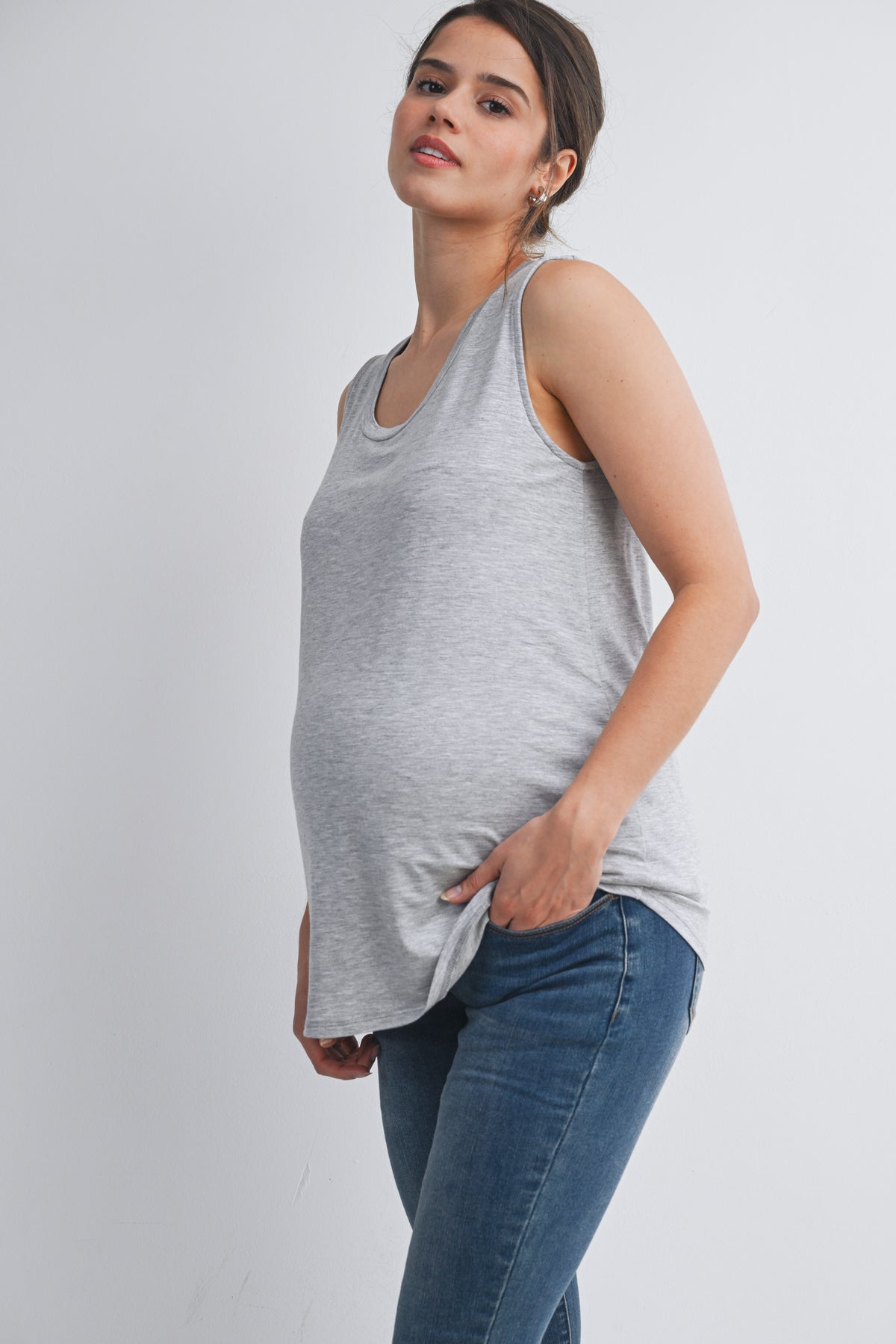 Heather Grey Casual Scoop Neck Discreet Side Access Maternity Nursing Tank Top Side View
