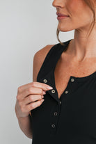 Black Fitted Sleeveless Ribbed Henley Maternity Tank Top Nursing Friendly  Close Up