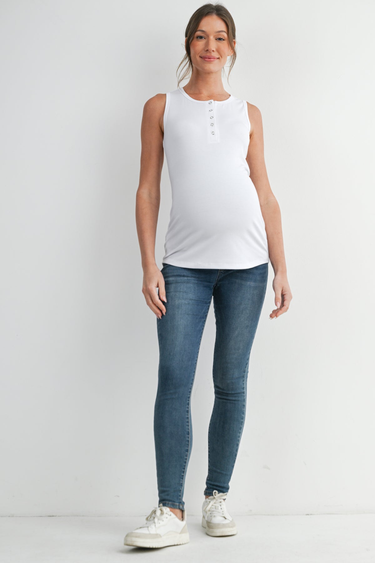White Fitted Sleeveless Ribbed Henley Maternity Tank Top Nursing Friendly Full Body