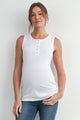White Fitted Sleeveless Ribbed Henley Maternity Tank Top Nursing Friendly Front View