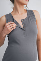 Olive Fitted Sleeveless Ribbed Henley Maternity Tank Top Nursing Friendly Close Up