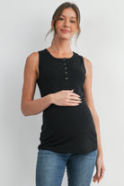 Black Fitted Sleeveless Ribbed Henley Maternity Tank Top Nursing Friendly  Front View
