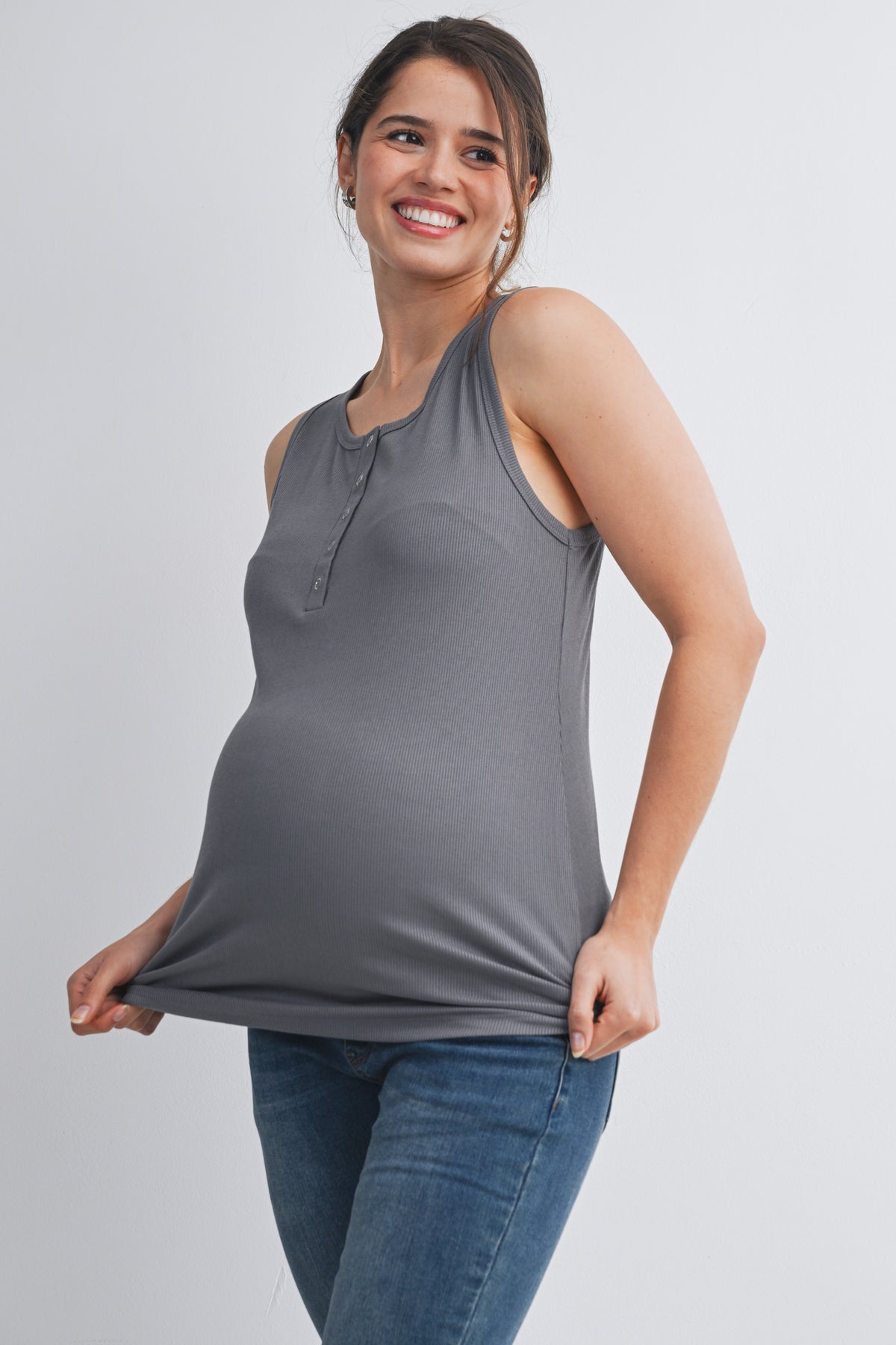 Olive Fitted Sleeveless Ribbed Henley Maternity Tank Top Nursing Friendly Side View
