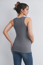 Olive Fitted Sleeveless Ribbed Henley Maternity Tank Top Nursing Friendly Back View