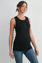 Black Fitted Sleeveless Ribbed Henley Maternity Tank Top Nursing Friendly  Side View