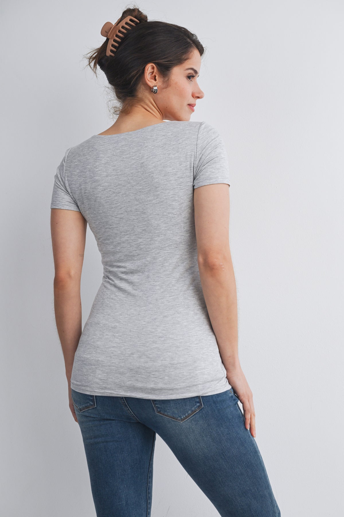 Heather Grey Casual Fitted Scoop Neck Short Sleeve Maternity T-Shirt Back View
