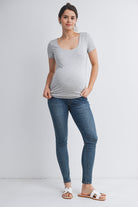 Heather Grey Casual Fitted Scoop Neck Short Sleeve Maternity T-Shirt Full Body View