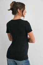 Black Ribbed Short Sleeve Maternity Nursing Top with Lift Up Panel Back View