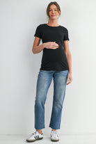 Black Ribbed Short Sleeve Maternity Nursing Top with Lift Up Panel Full Body